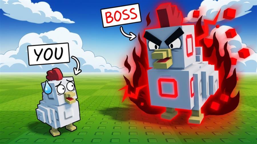 A small chicken labelled YOU faces a huge glowing red boss chicken labelled BOSS